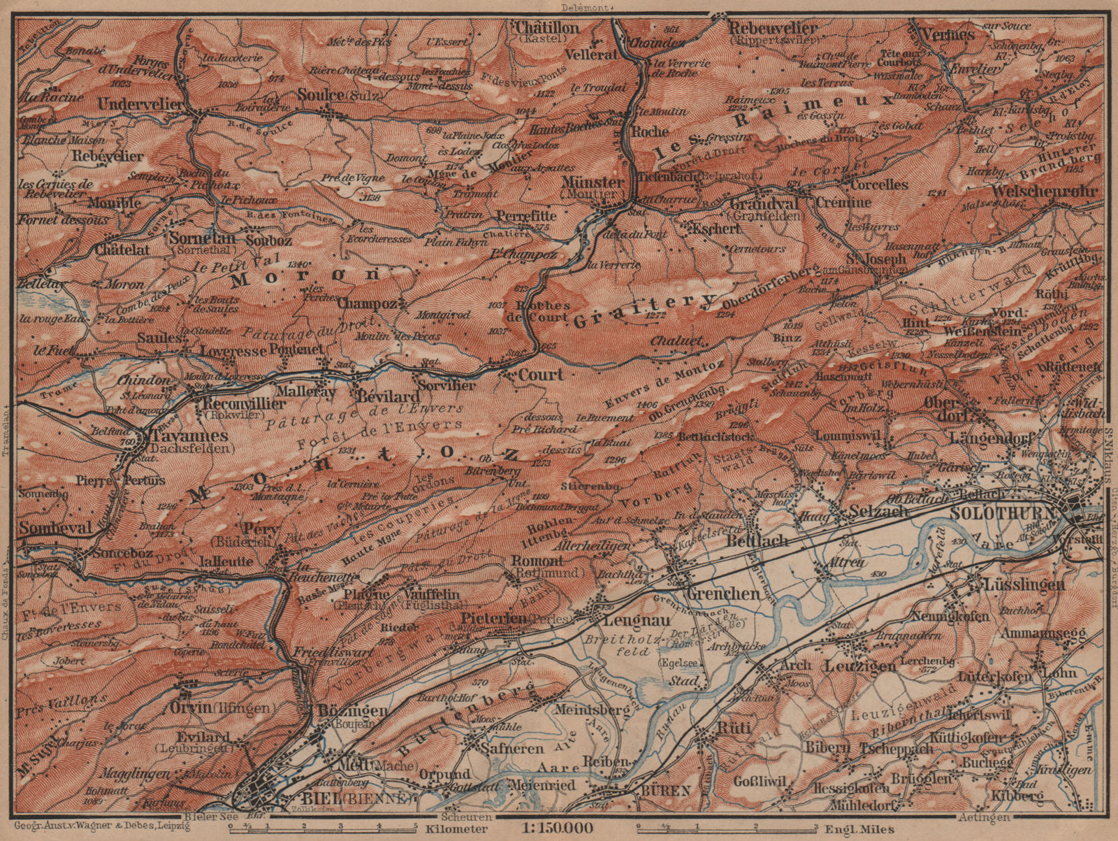 BERNESE JURA. Solothurn Biel/Bienne Rebeuvelier Tavannes. Topo-map 1899